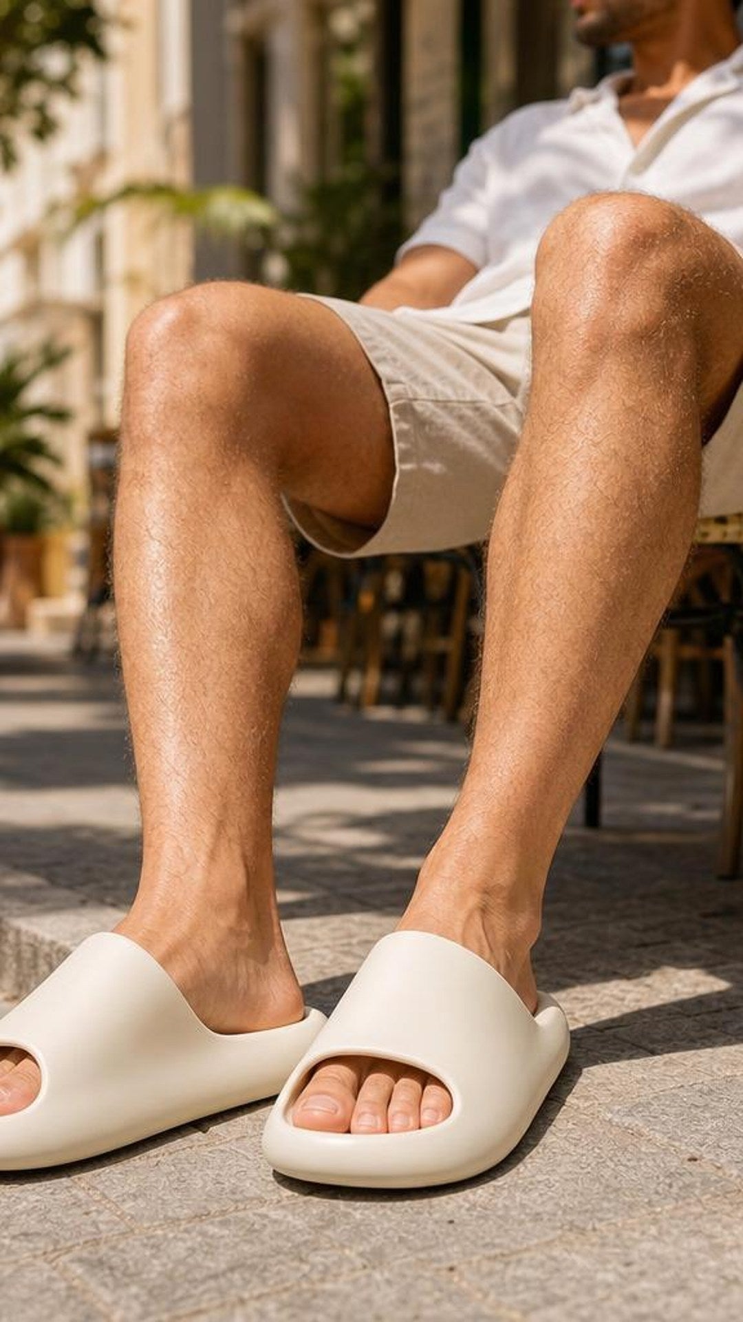Gros plan pieds en terrasse en claquettes Confrt Plus