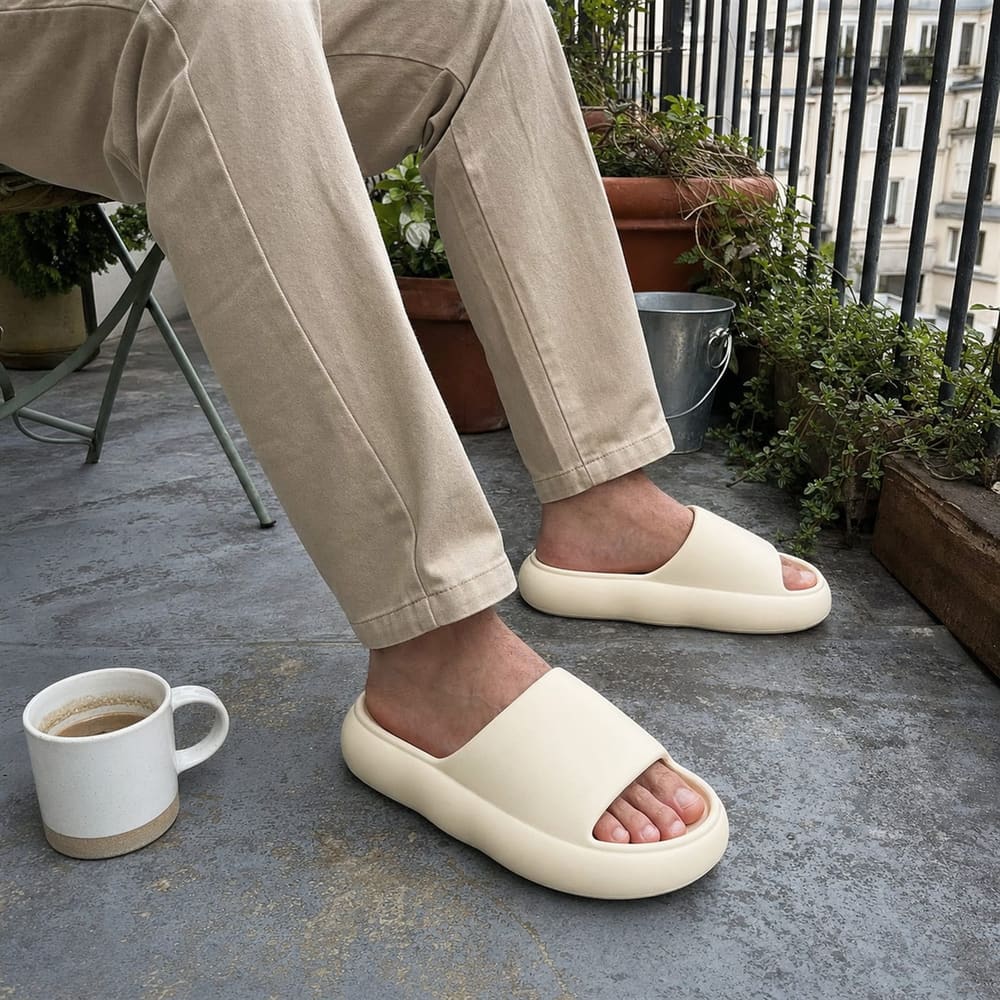 Café du matin au balcon en claquettes